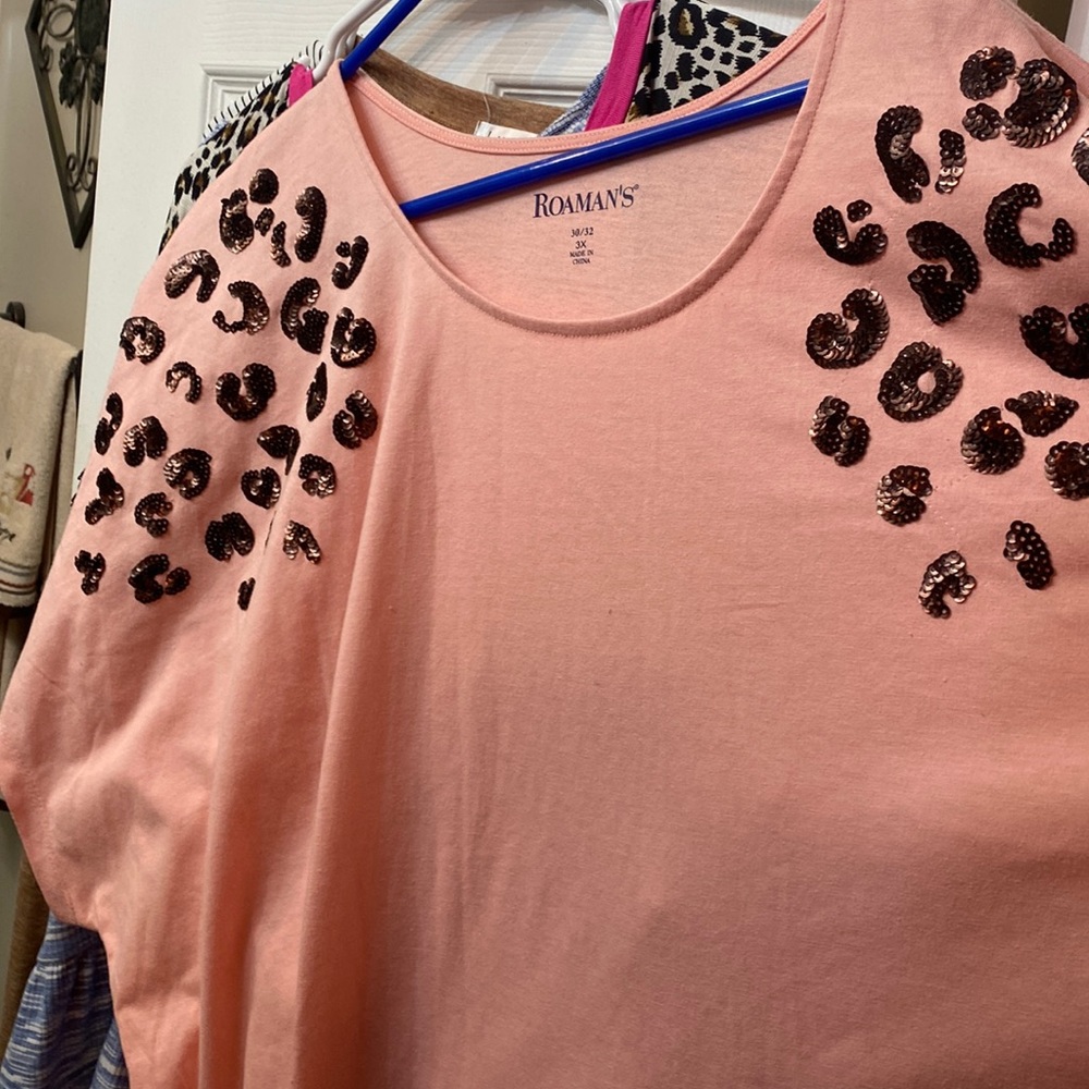 Roaman's sequin cheetah print drop sleeve t-shirt top 3x (30/32)
